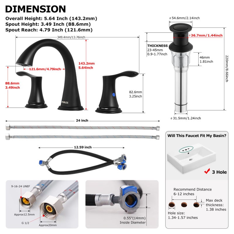 PARLOS Widespread 2 Handles Bathroom Faucet with Pop Up Sink Drain and cUPC Faucet Supply Lines, Matte Black, Demeter 14135 - Image 5